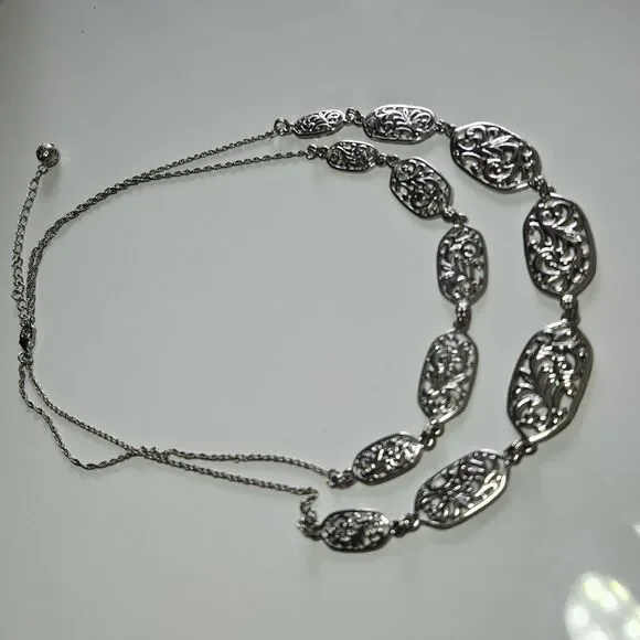 Silver Tone Layered Filigree Chain Necklace 20-23" - Picture 12 of 14
